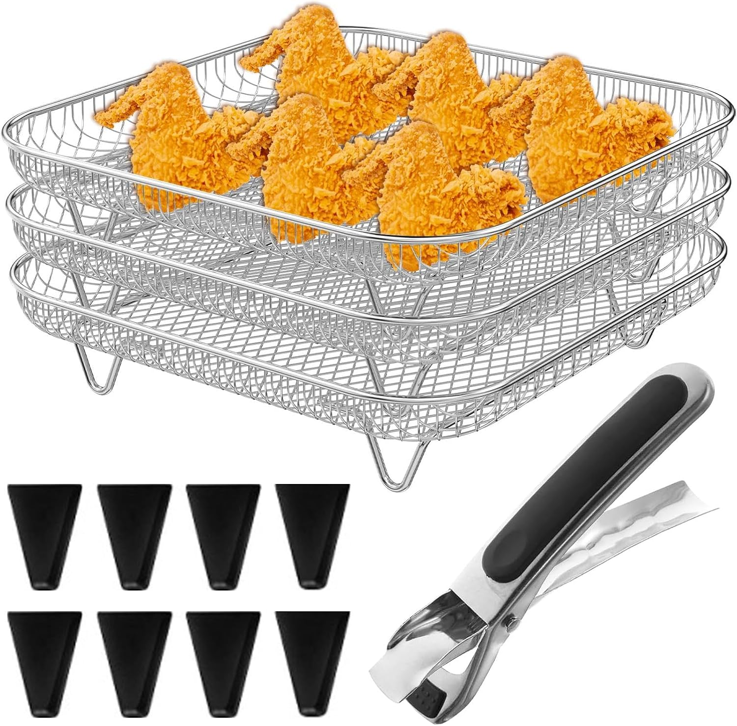 3 Layer Air Fryer Rack,8X8 Inch Air-Fryer Rack Accessories with 8 Silicone Feet 1 Anti-Scald Clip,Stainless Steel Grill Dehydrator Rack,Stackable Grill Dehydrator Rack for 5L-7.5L Air Fryers image number 3