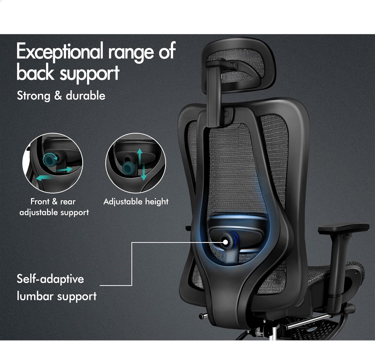 ALFORDSON Ergonomic Mesh Office Chair with 3D Armrest, Executive Study Computer Chair with Adjustable Headrest & Footrest, Recline & Tilt Gaming Desk Chair with Adaptive Lumbar Support, Black - White Black image number 6