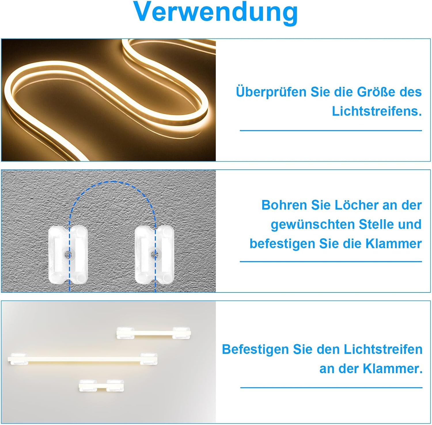 VOSSOT Pack of 50 Waterproof LED Light Strip Clips, Mounting Bracket Clips, Suitable for 5 Mm to 6 Mm Silicone LED Strip Holder, Includes Screws, Translucent image number 2