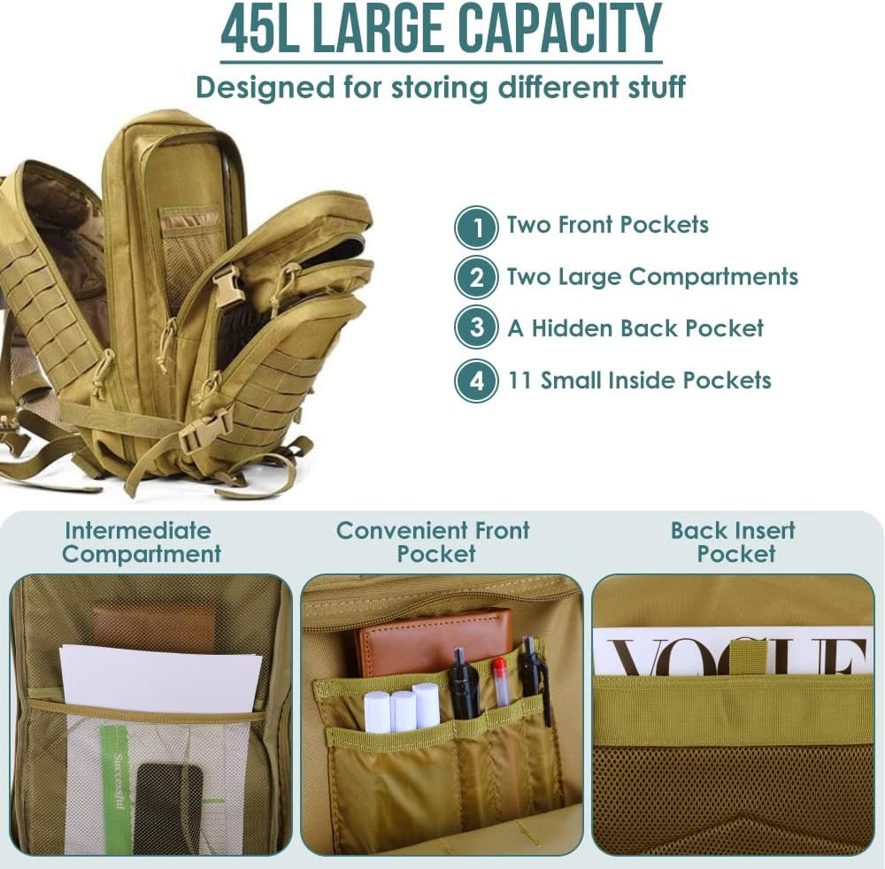 WOTOW Tactical MOLLE Military Bag for Men Women, Day Pack Ruskack Survival Emergency Army Combat Bug-Out Bag Backpack Kit with a Water Bottle Bag, 4 Carabiners and Magic Tapes image number 2