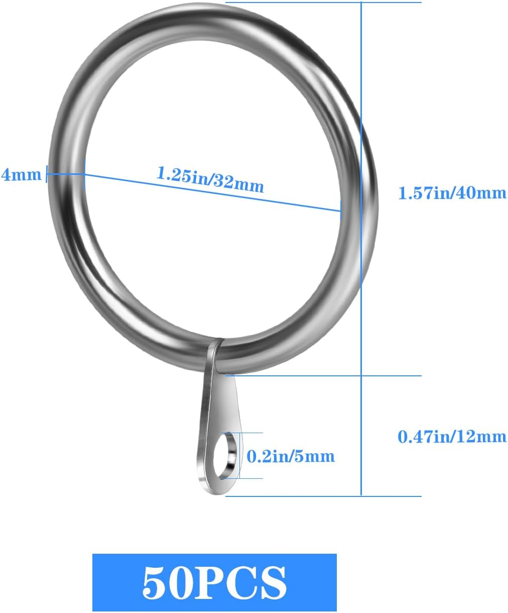 50 Pack Metal Curtain Rings 32Mm Internal Diameter Curtain Pole Rings Silver Hanging Rings for Curtain Poles,Shower Curtains Rods and Drapery image number 1