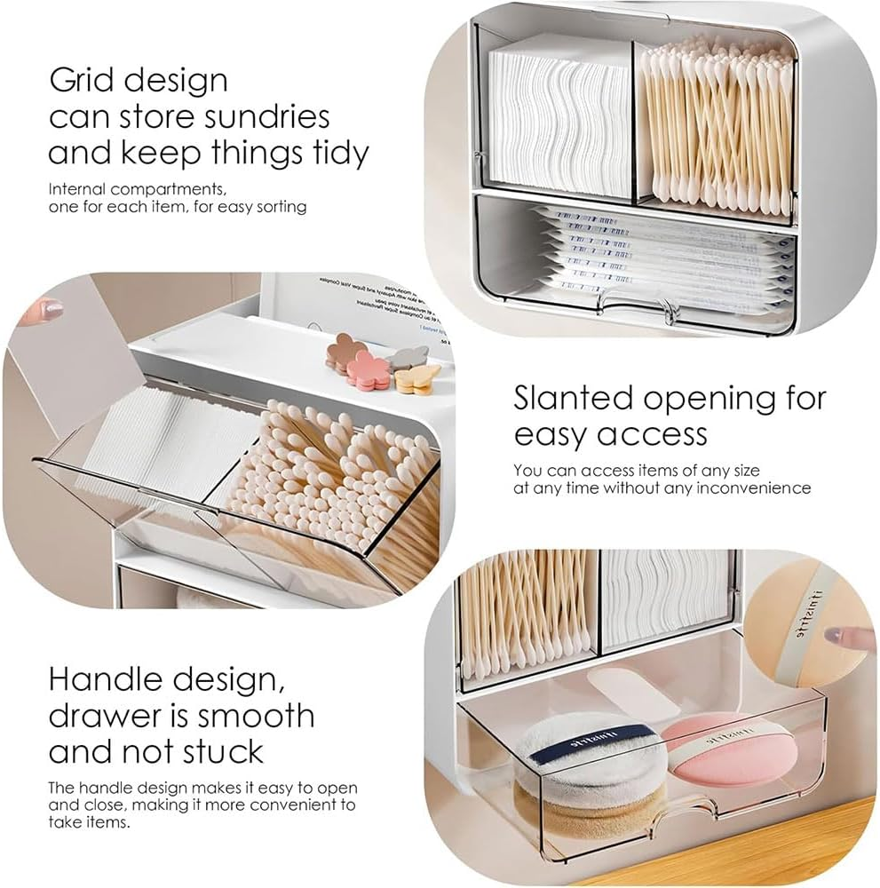 RUTREZOGO Transparent Bathroom Wall Mounted Organizer, Multi-Compartment Plastic Drawer Organizer, Cotton Swab Dispenser, Makeup Organizer for Bathroom, Kitchen, Living Room and Dormitory