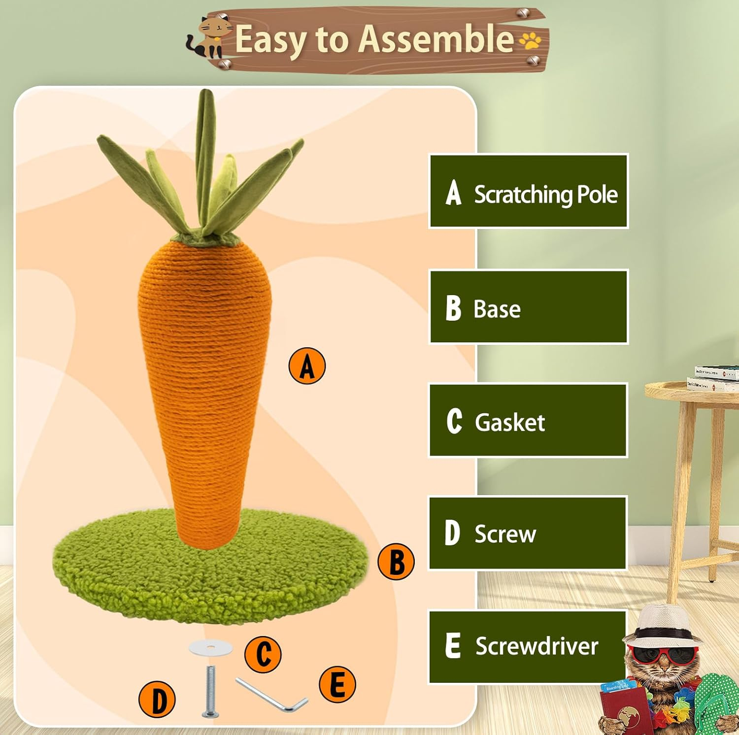 AUSCAT Cat Scratching Post, Cute Carrot Scratching Post, Nature Sisal Cat Scratcher for Indoor Cats and Kittens image number 6