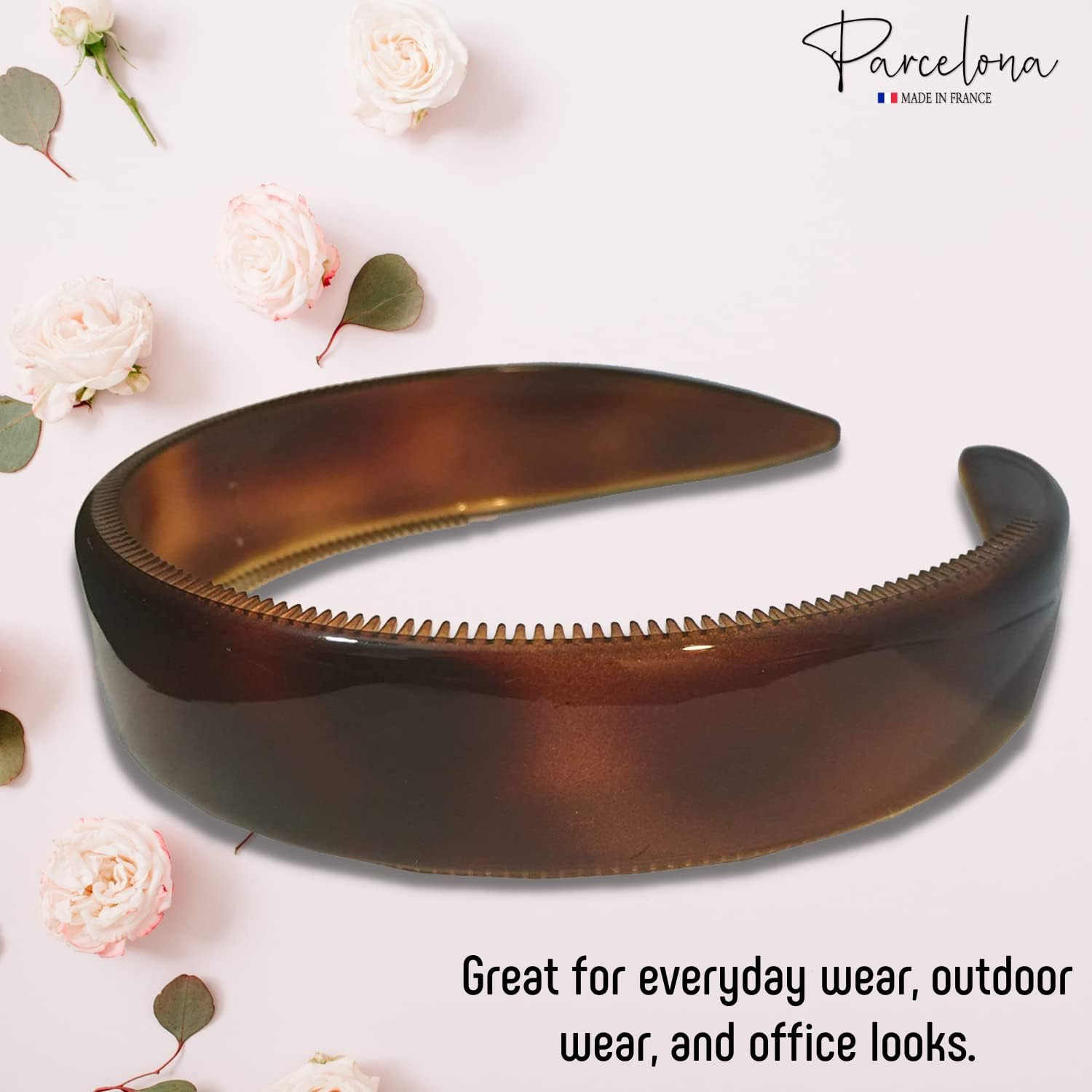 Parcelona French Extra Wide Tortoise Shell Brown Celluloid Inner Nibs Flexible Hair Headband Fashion Headband for Women Strong Hold Grip No Slip Durable Styling Girls Hair Accessories, Made in France image number 4
