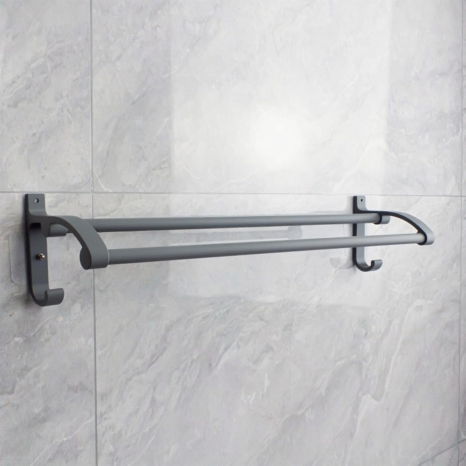 ZOOMTEC Double Towel Rail Rack, 60Cm No Drill Adhesive Bathroom Towel Holder, Wall Mounted Towel Storage (Grey)