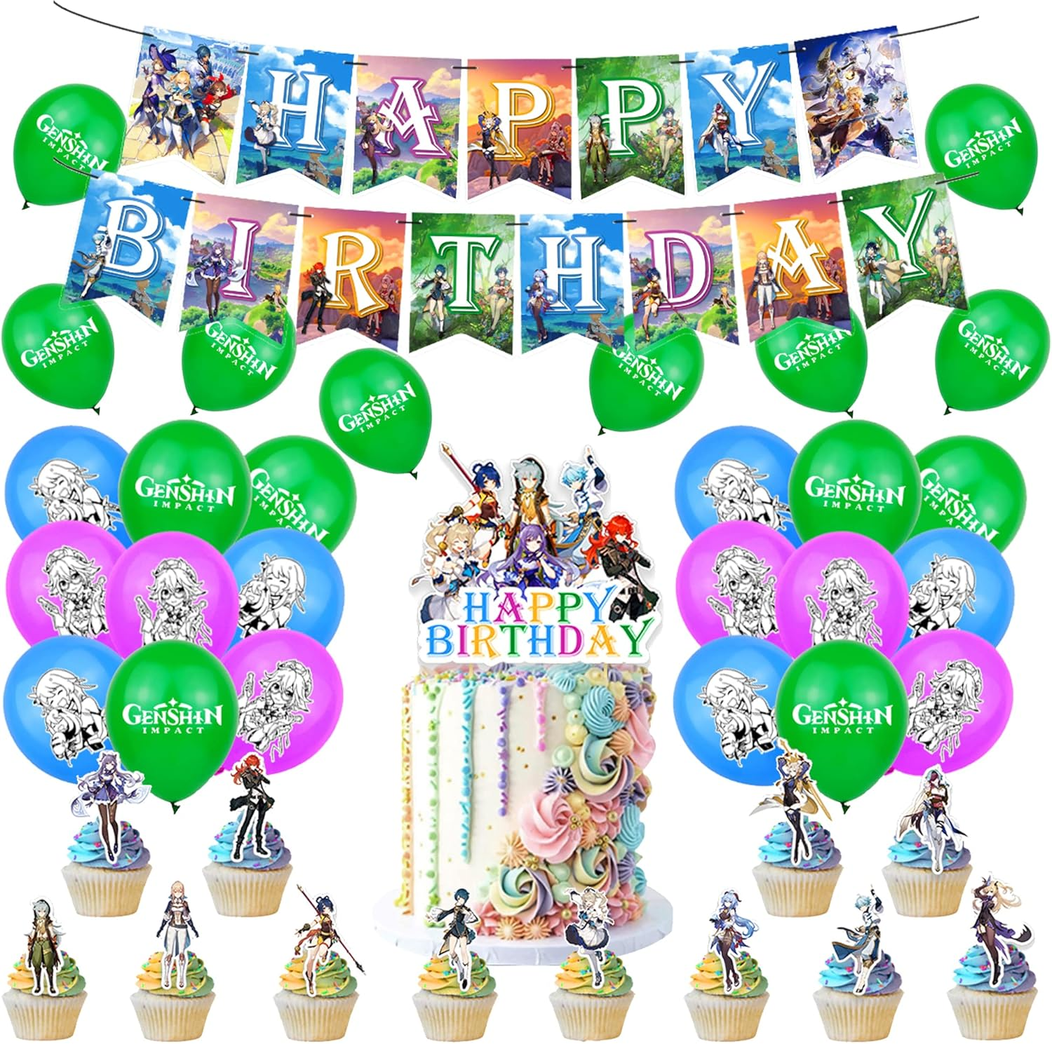 Genshin Impact Birthday Balloons & Decorations - Blue Traveler Themed Party Pack with Banner, 16 Latex Balloons & 13 Cake Toppers image number 2