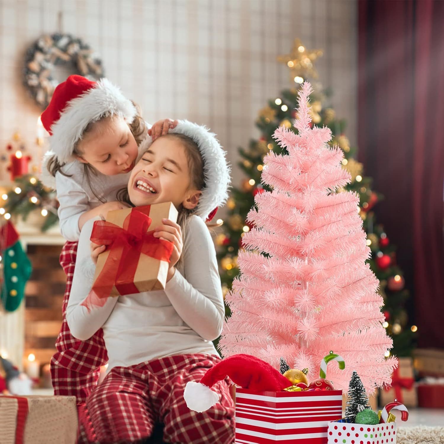 CCINEE 3Ft Artificial Christmas Tree, Pink Tabletop Hinged Christmas Tree with Metal Stand 130 Branch Tips Mini Tree for Xmas Party Supplies Home Indoor Decoration