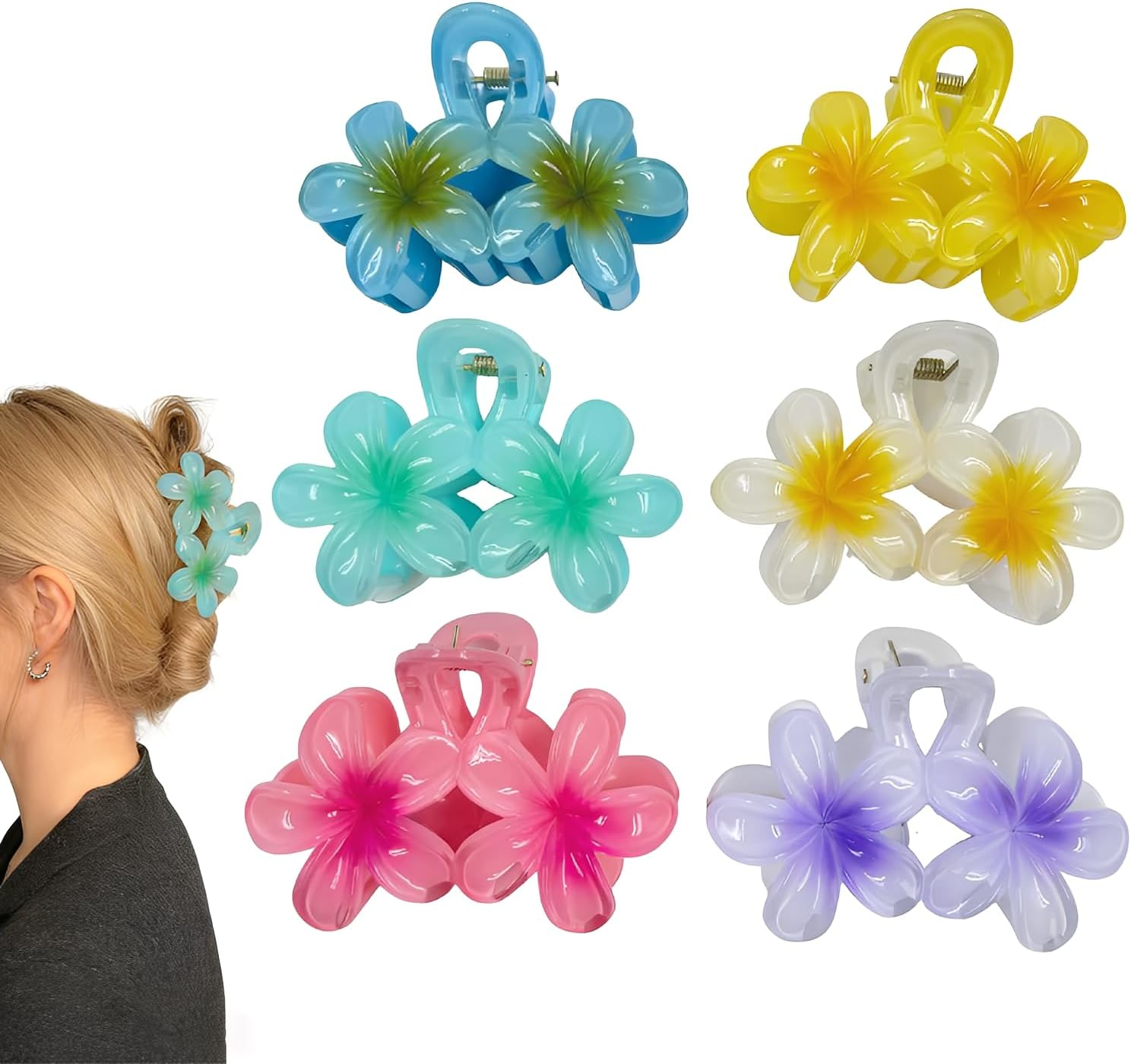 Esshogo Pack of 6 Flower Hair Clips, Hawaii Hair Clips, Women'S Non-Slip Hair Clip, Cute, Colourful Flowers, Hair Accessories, Women, Large Claw Clips for Thick Hair, Flower Hair Clip image number 2