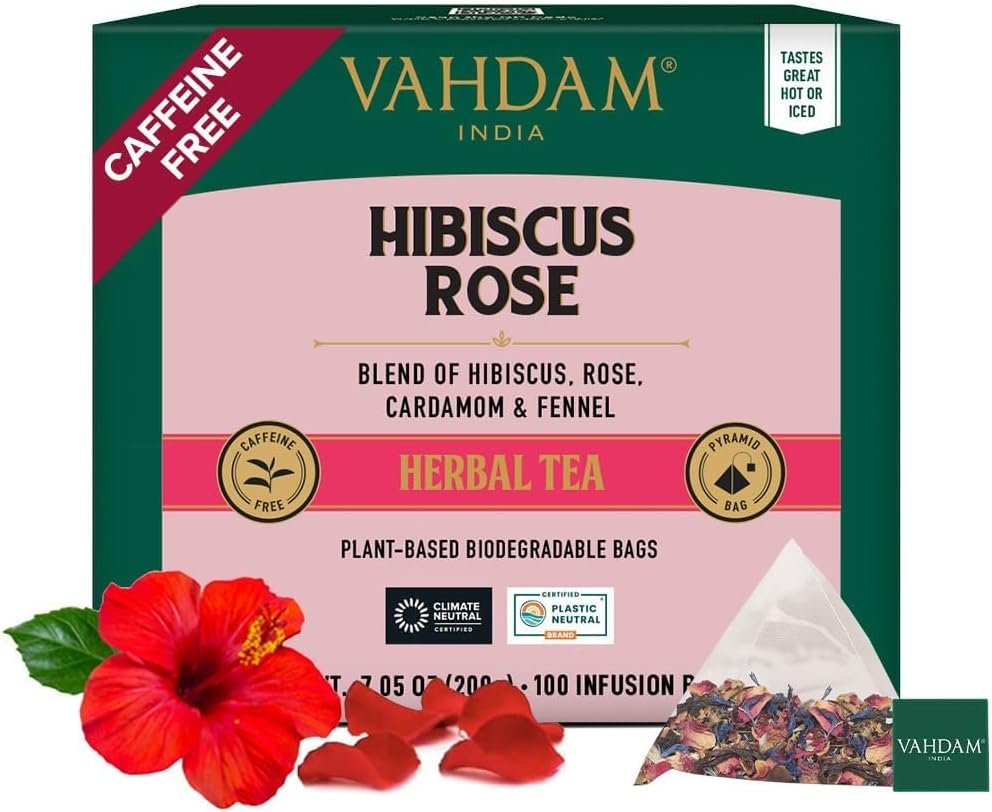 VAHDAM, Hibiscus Rose Herbal Tea Bags (100 Count) Caffeine Free, Non GMO, Gluten Free Hibiscus Tea | Floral Flavor Tisane - Hibiscus Rose Petals & Exotic Spices | Resealable Ziplock Pouch