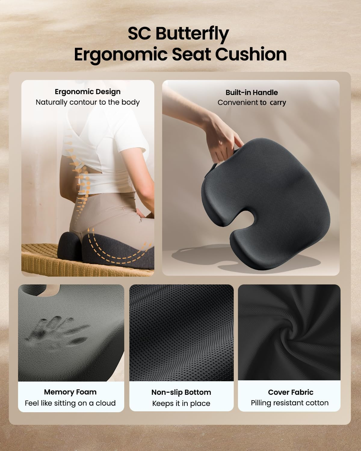 Protoarc Seat Cushion, Office Chair Cushion for Sciatica, Coccyx Cushion, Ergonomic Memory Foam Seat Cushion for Car, Home, Pressure Relief Pad for Hip, Tailbone, All Day Comfort - Black image number 4