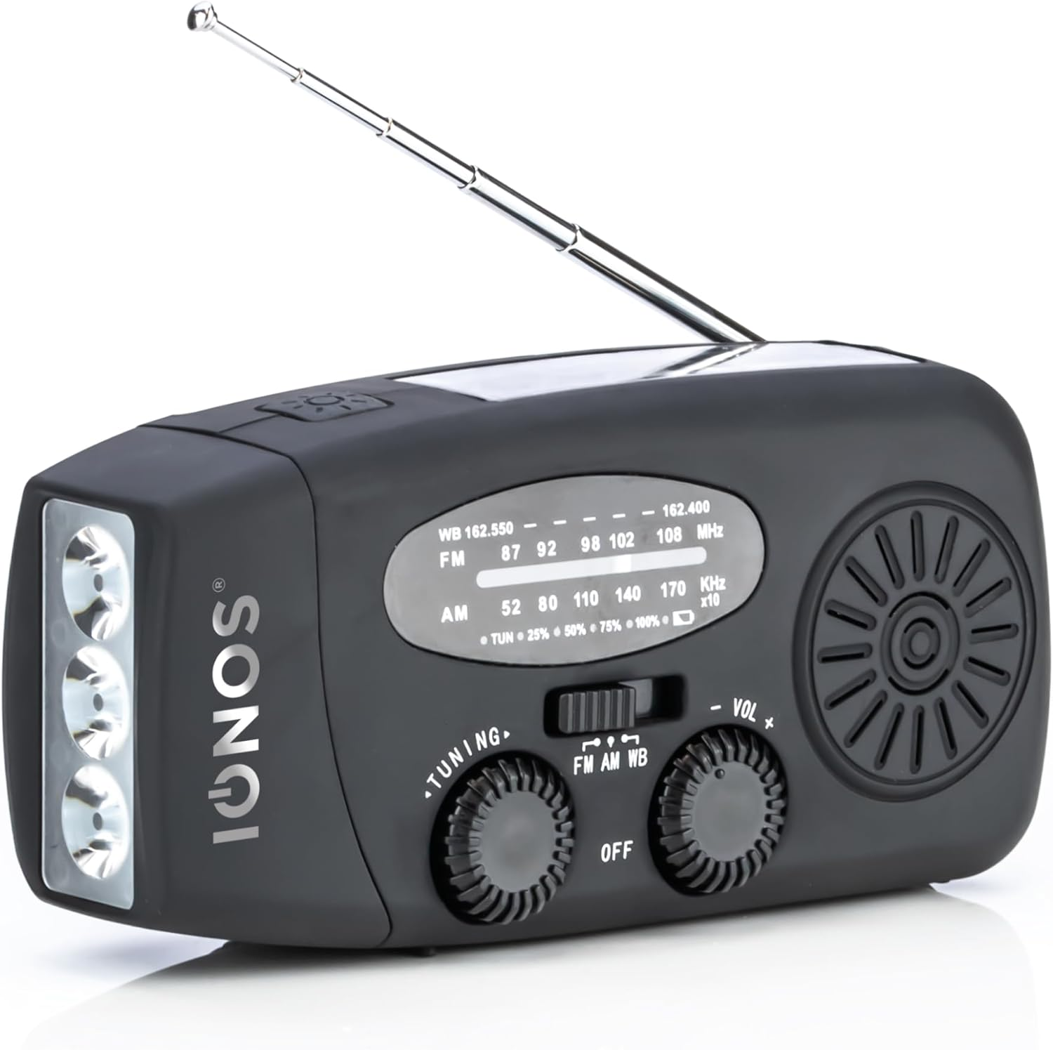 Status IONOS Multifunctional Portable Wind up Radio, FM/AM/WB, Solar and Hand Crank Powered, 3 LED Torch and USB Charging, 4.5Hr Playtime, Emergency and Outdoor Essential, Black, ALMERE1PKB6 image number 3