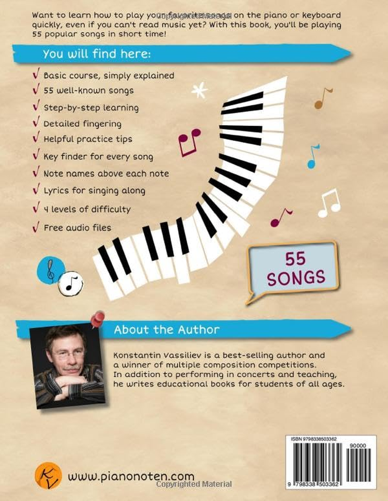Learn Piano with Popular Songs &ndash; Easy Sheet Music for Kids: Includes Basic Course, 55 Songs, Free Audio & Key Finder
