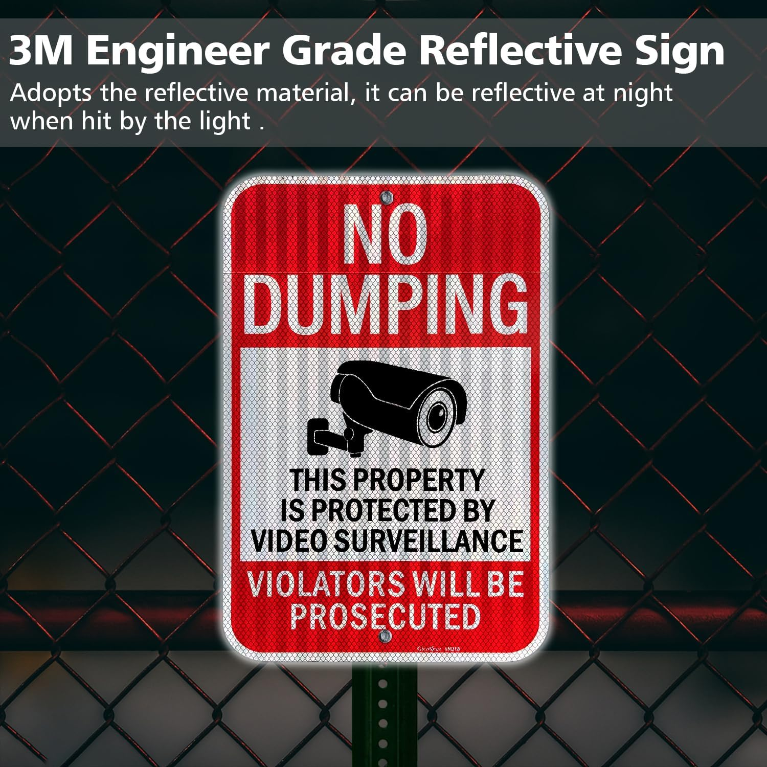 Gicnkeuz Large No Dumping Signs Private Property, 18 X 12 Inches Video Surveillance Protected, Violators Will Be Prosecuted Signs, Engineer Grade Reflective Aluminum, Fade Resistant, Easy to Mount （2 - Pack） image number 1