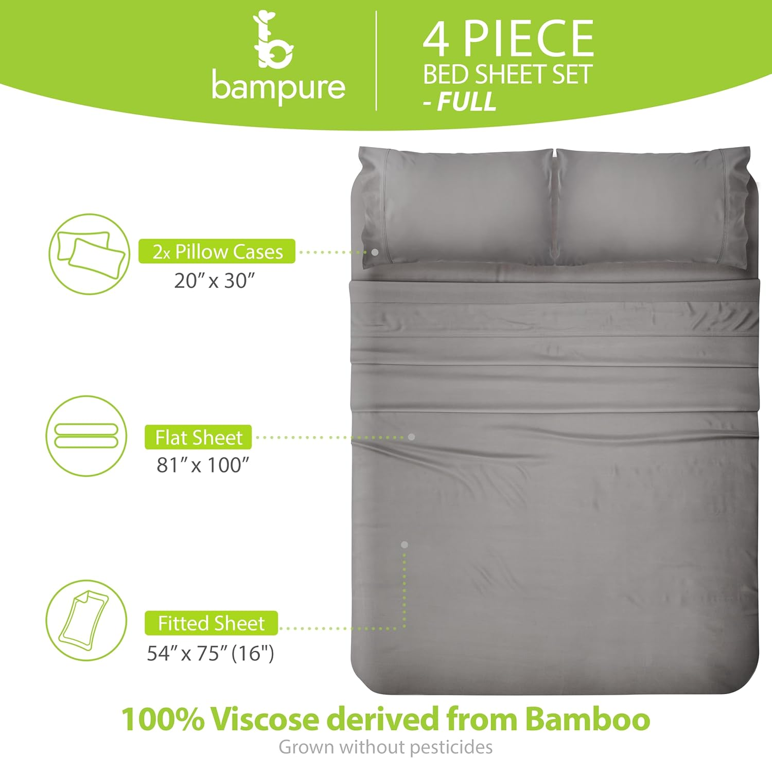 BAMPURE 4Pcs - 100% Viscose Derived from Bamboo Sheets Full Size Sheets Set - Super Soft Viscose Bamboo Cooling Sheets for Hot Sleepers - up to 16&rsquo;&rsquo; Deep Pocket - Luxury Series Full Sheet Set (S Gray) image number 5