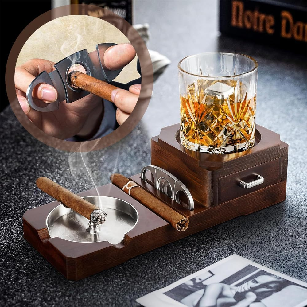 Wooden Cigar Ashtray Set with Whiskey Glass Holder, Built-In Drawer & Cigar Cutter, Multi-Functional Ashtray with Cigar Slot for Home, Office, or Outdoor Use image number 4