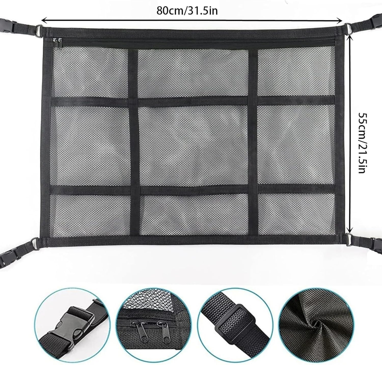 SUV Ceiling Cargo Net Pocket, Adjustable Double Large Car Ceiling Storage Net with 2 Seat Hooks, Mesh Car Roof Organizer Long Trip Storage Bag for SUV Long Trip Camping (Black) image number 3