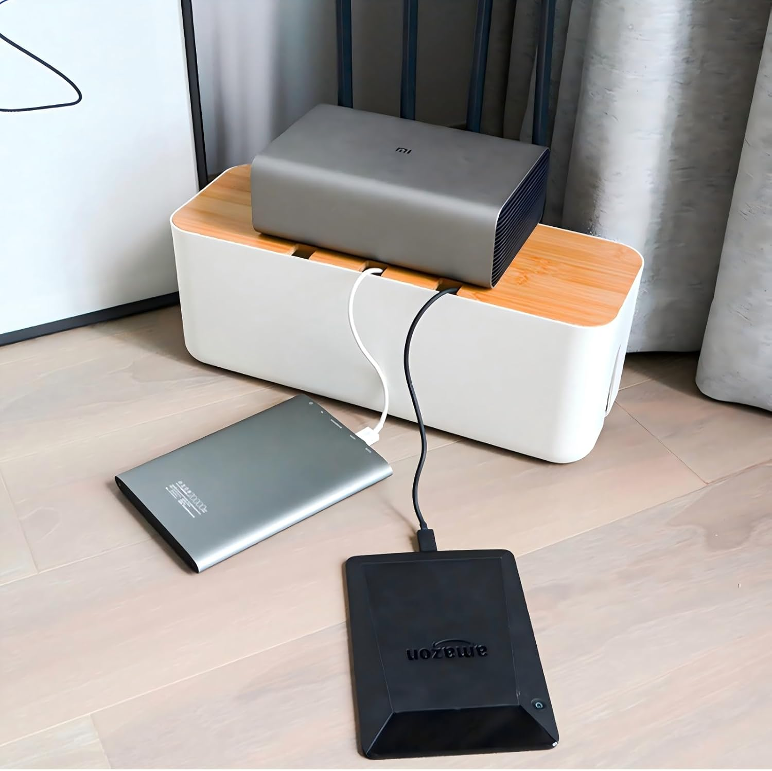 3 PCS Cable Management Box with Bamboo Lid, for TV, Computer, Router, USB Hub and under Desk Power Strip, Safe ABS Material and Baby-Pets Proof Lock, with 10 Cable Ties & 16 Multi-Hole Hubs (White) image number 6