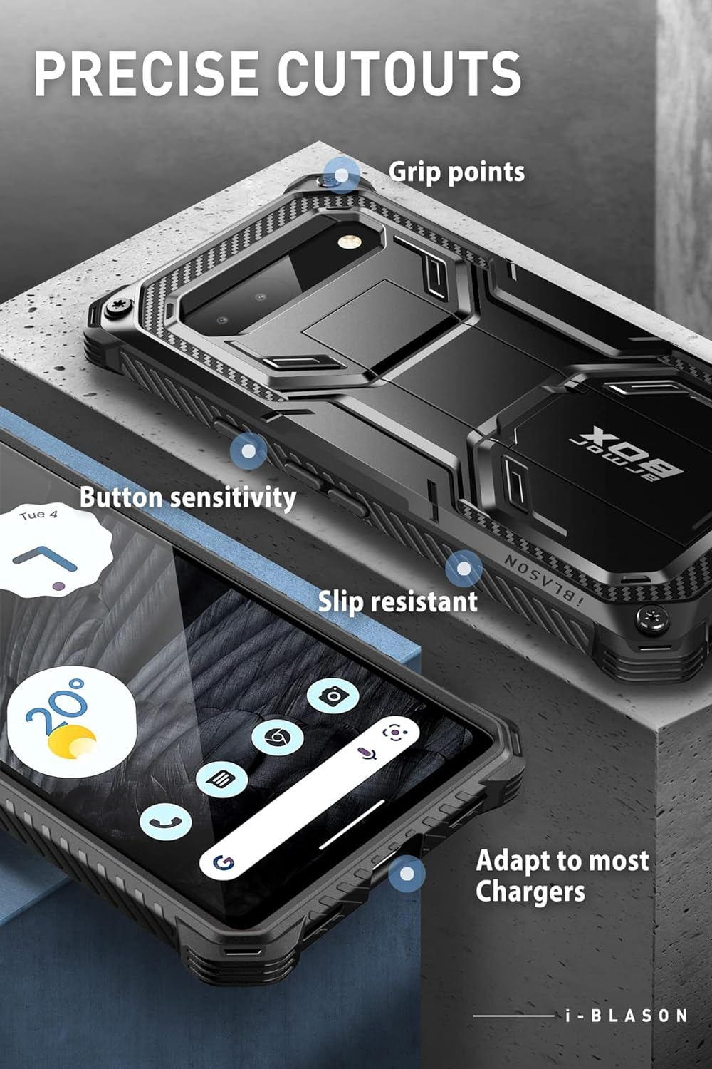 I-Blason Armorbox Lite Series for Google Pixel 7A Case (2023 Release), [2Pcs Tempered Glass Screen Protectors] Slim Protective Bumper Case with Built-In Kickstand (Black) image number 5