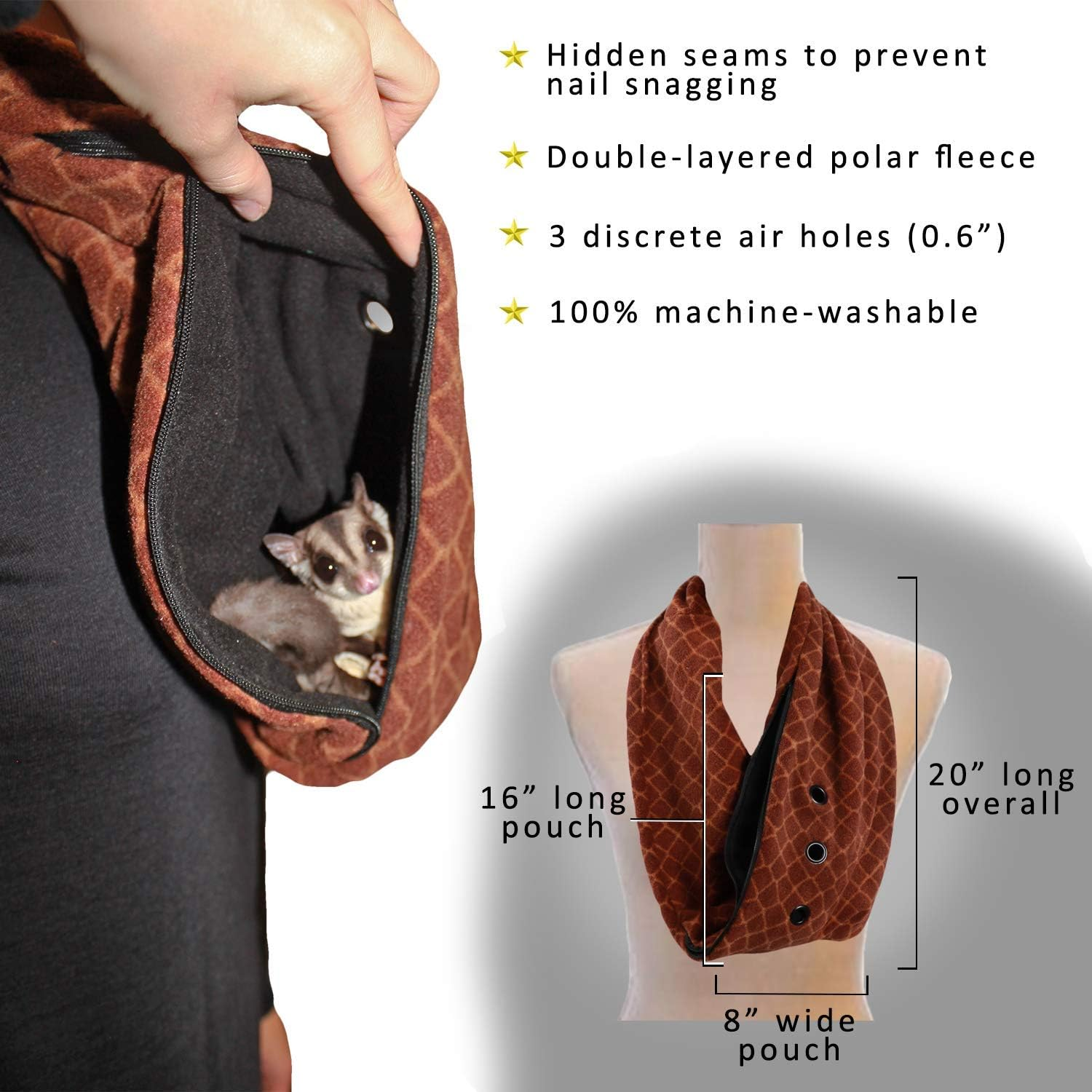Pet Bonding Scarf (Black) - Carry Bonding Pouch - for Chinchillas, Hedgehogs, Rats, Sugar Gliders, Guinea Pigs, and Rabbits image number 2