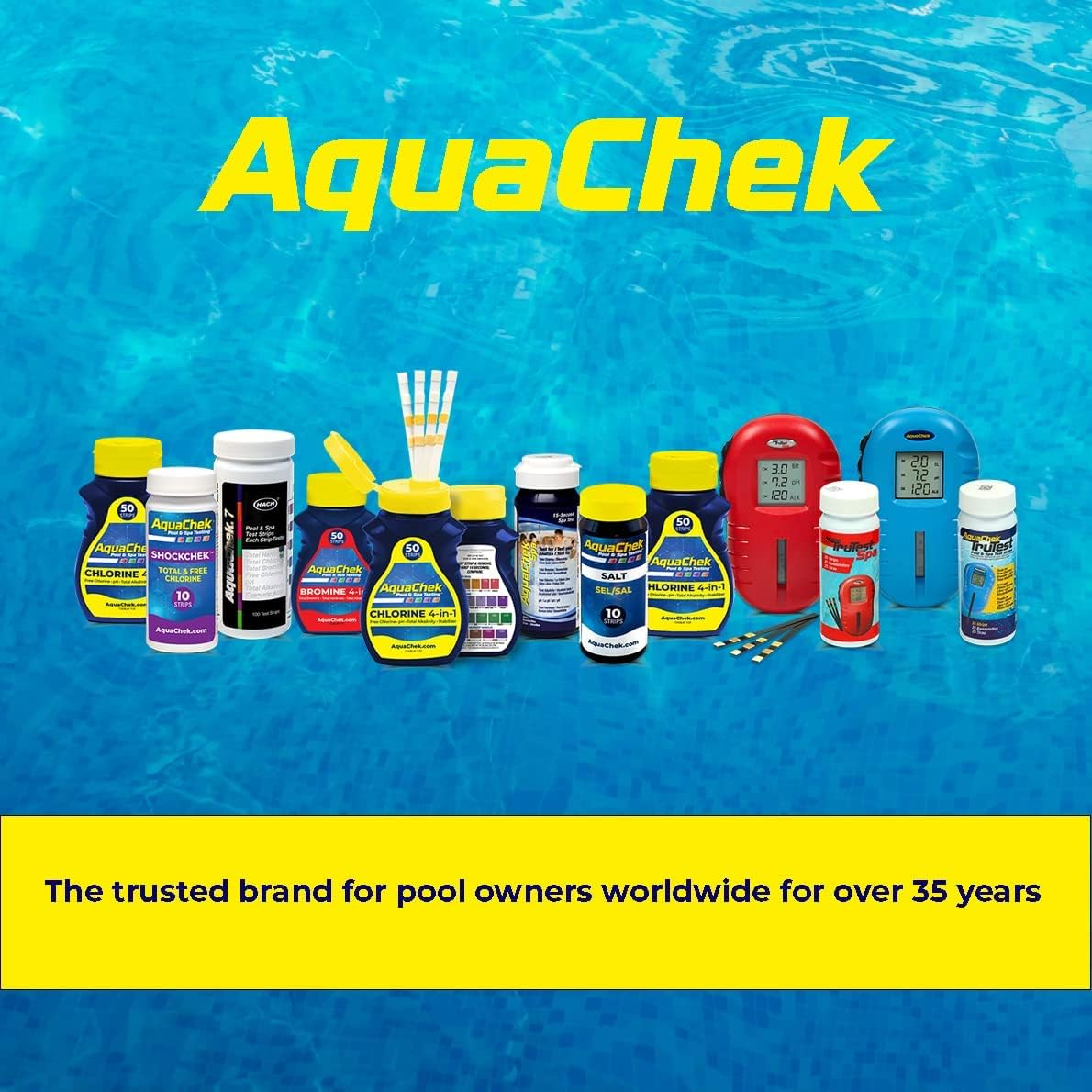 Aquachek Yellow 4-Way Pool and Spa Test Strips - 50 Yellow Test Strips - Swimming Pool Test Strips for Ph, Free Chlorine, Total Alkalinity, and Cyanuric Acid - Quick and Accurate Results - Testing Kit image number 1