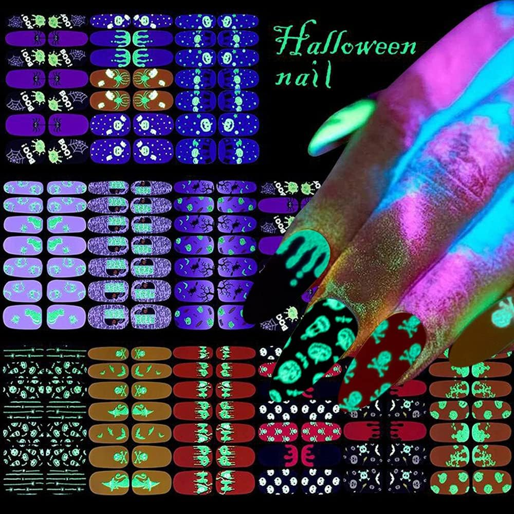 Luminous Halloween Nail Wraps Decal with Nail File, EBANKU Self-Adhesive Nail Art Sticker for Halloween Skull Pumpkin Spider Full Wraps Strips for Women Girls Party Nail Decorations