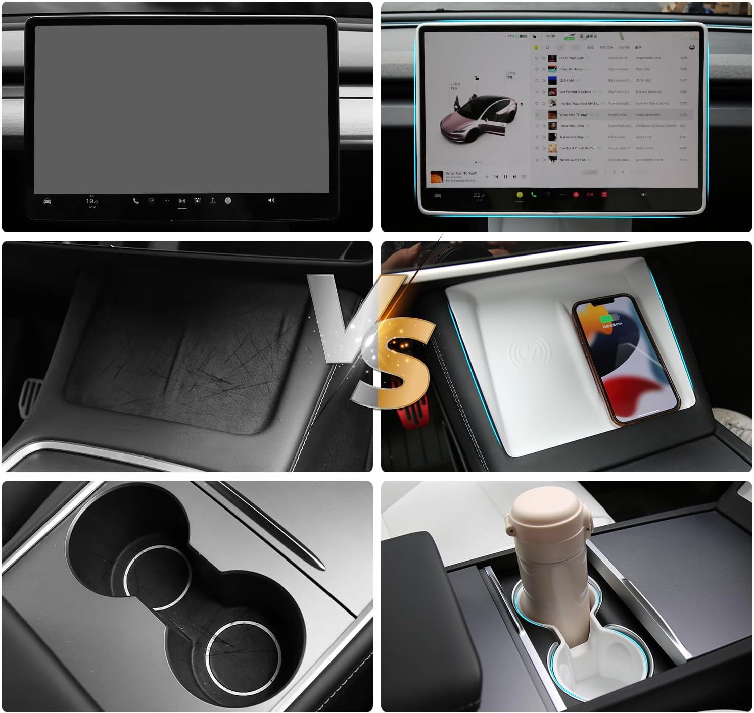 3PCS Center Console Accessories for Tesla New Model Y Juniper 2025 Model 3 Highland 2024 Cup Holder Insert, Screen Edge Protector Frame, Wireless Charger Mat Silicone, White image number 4