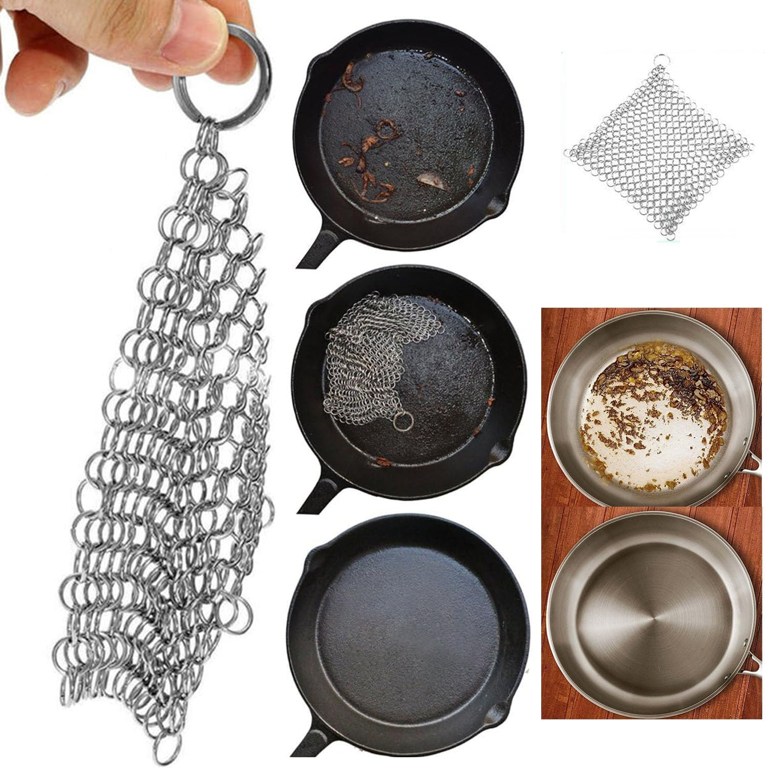 Cast Iron Skillet Cleaner Chainmail Srubber, 2 Pack 5"X 5" Rectangle & 4"X 4" round Premium Stainless Steel Chain Maille Scrubber Metal Scrubber for Cast Iron Pans CS03 Skillet Wok Pot Glassware image number 2