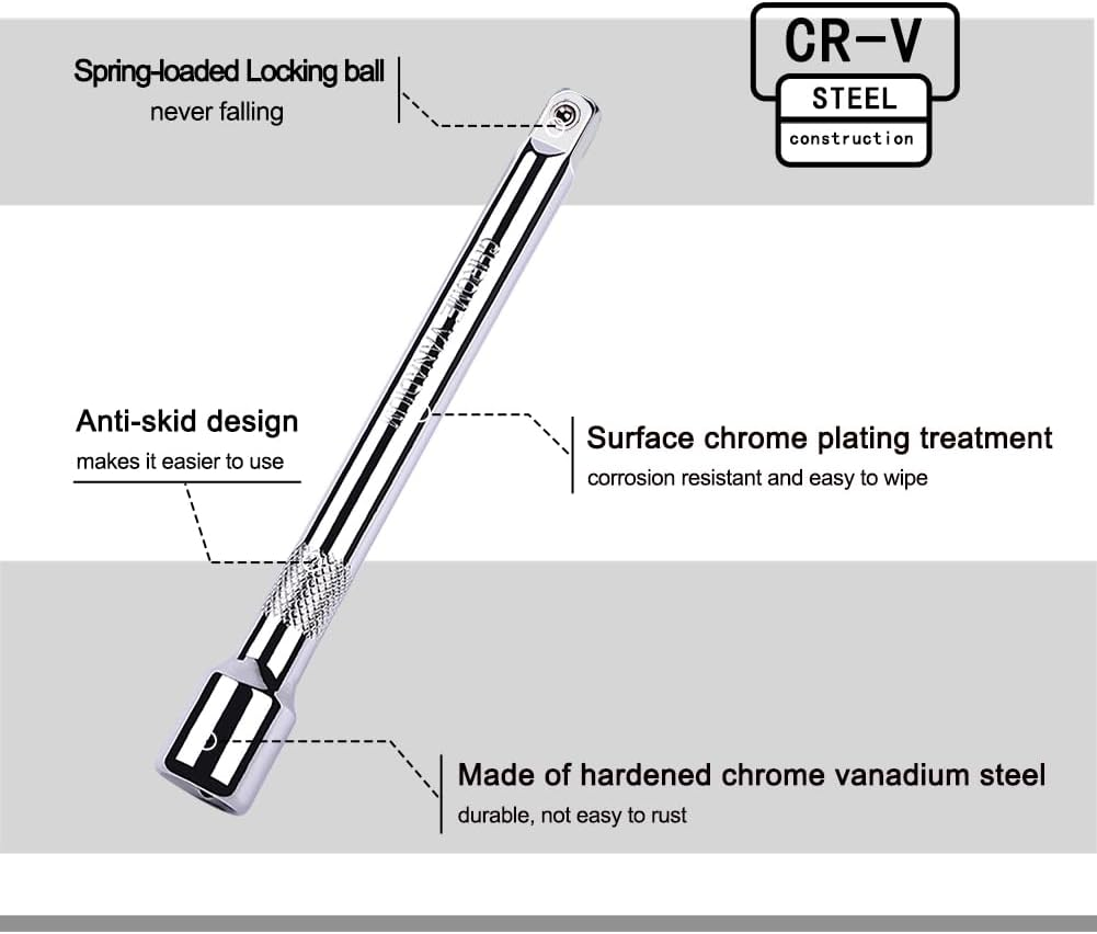 4 Piece 3/8 Inch Drive Extension Bar Set, 3/8 Inch Drive Socket Extension Set Includes 3, 6, and 10 Inch Extensions and 3/8 Inch Drive Universal Joint Socket image number 3