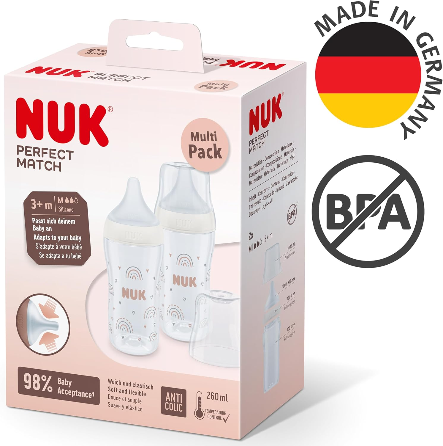 NUK Perfect Match Baby Bottles Set | 3+ Months | Adapts to Baby'S Palate | Temperature Control | anti Colic Vent | 260 Ml | Bpa-Free | Medium Silicone Teat | Rainbow | 2 Count image number 2