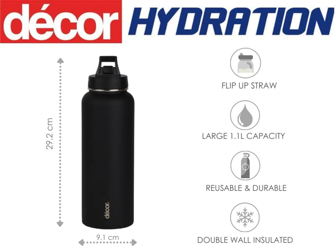 D&eacute;cor Flip Active Stainless Steel Water Bottle | Insulated Double Wall Bottle | 1.1L - Black image number 4