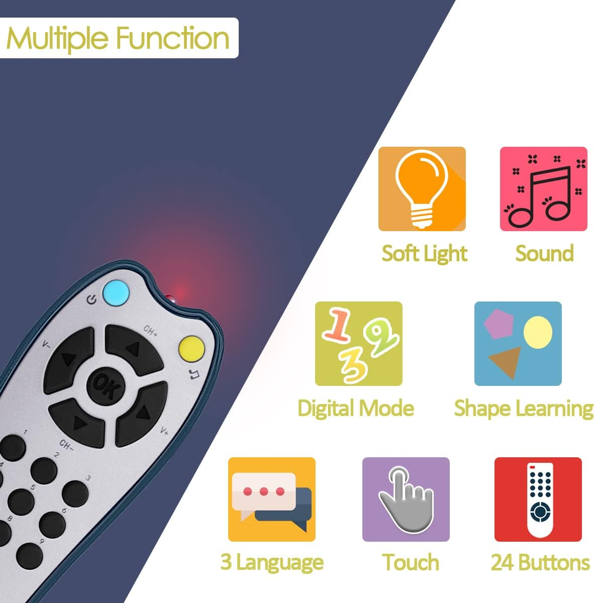 Baby Realistic TV Remote Control Toy with Light and Sound, Upgrade Adjustable Volume, Early Educational Musical Toys with 3 Language English,French and Spanish Gift Toy for 3+ Months Boys or Girls image number 6