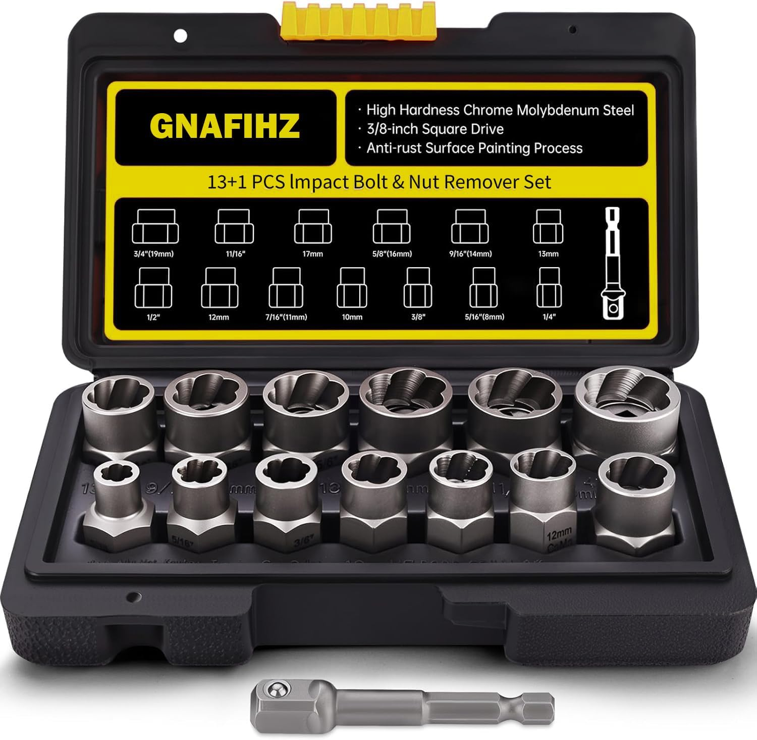 Bolt Extractor Kit, 14 PCS Impact Bolt & Nut Remover Set with 3/8 Inch Adapter, Stripped Nut Remover, Bolt Extractor Socket Set, Easy Out for Rusted, Damaged, round Bolt Nuts Screws