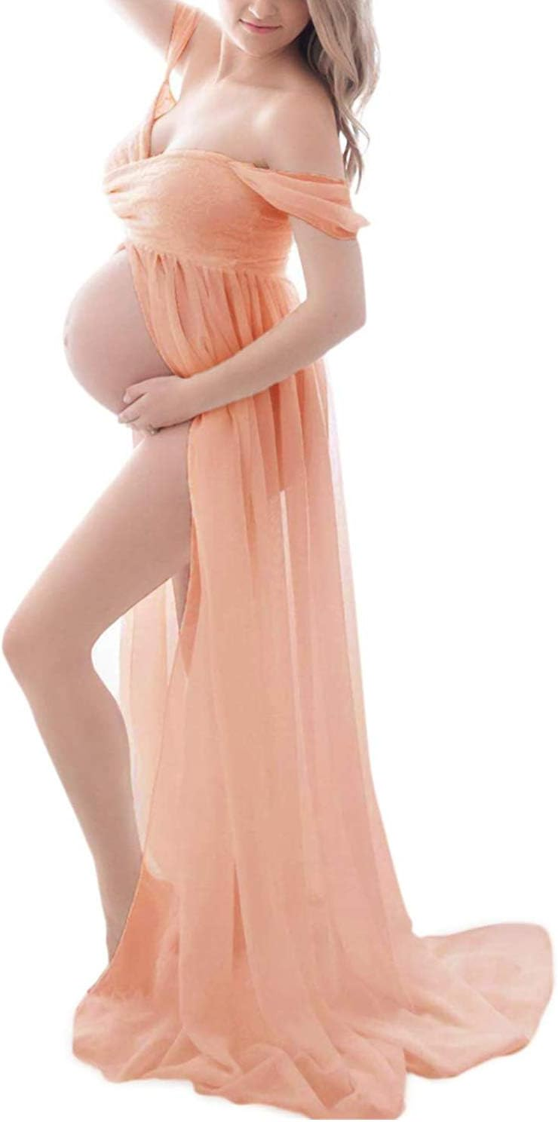 ZIUMUDY Maternity off Shoulder Chiffon Gown for Photoshoot Split Front Lace Maxi Dress for Photography