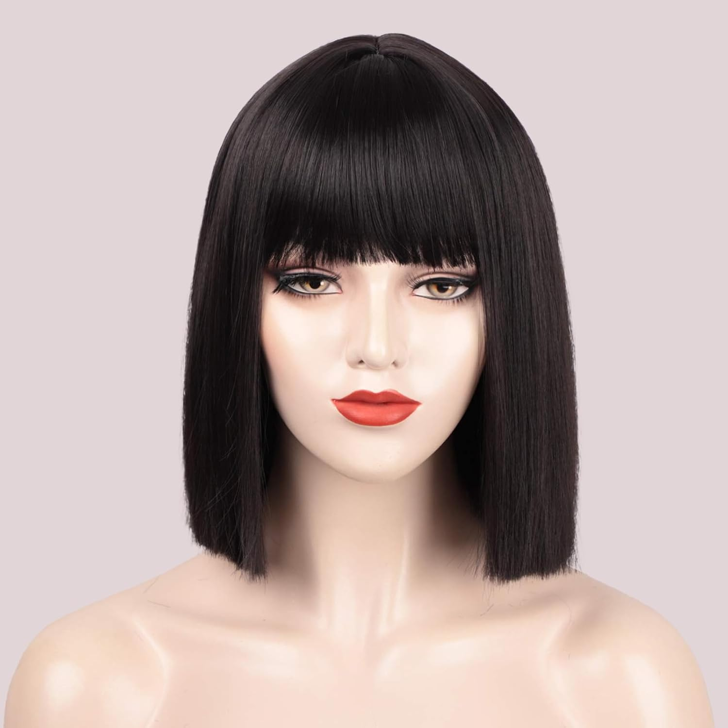 ENTRANCED STYLES (Black) - Black Bob Wig with Bangs, Short Black Wig for Women Straight Bob Wigs Heat Resistant Synthetic Wig Mia Wallace Cleopatra Cospaly Daily Party Cosplay Use 12" image number 6