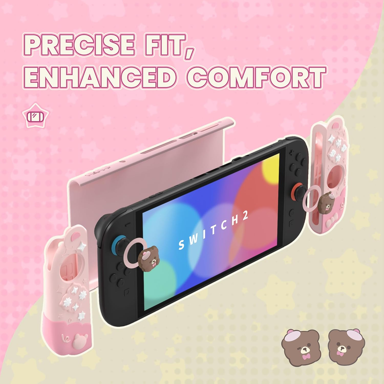 Playvital Good Night Bear Dockable Protective Case for Nintendo Switch 2 - Detachable Silicone Joycon Grips & Shockproof Back Cover with Cute Bear Thumbs Caps | Pink