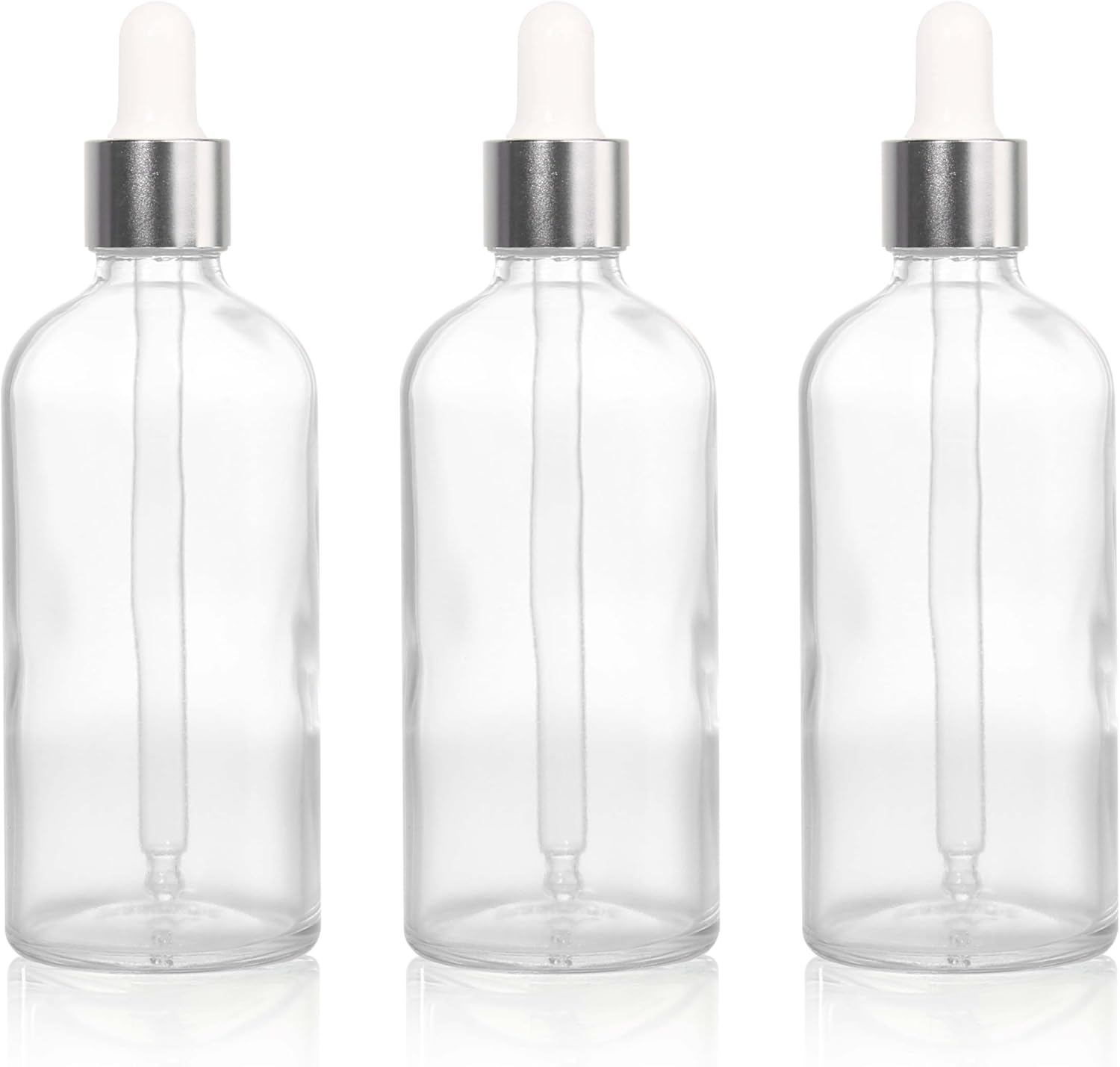 COSIDEA 3 Pcs Empty 3.33Oz / 100Ml Clear Glass Dropper Bottles Silver Droppers for Oils Essential Oil Bottle Travel Serum Containers