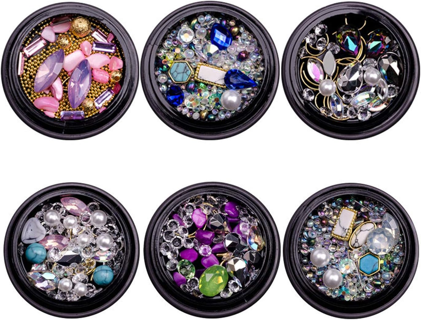 6 Boxes Nail Art Rhinestones Nail Gemstone Rhinestone Decorative Nail Crystal Diamond DIY Mixed Metal
