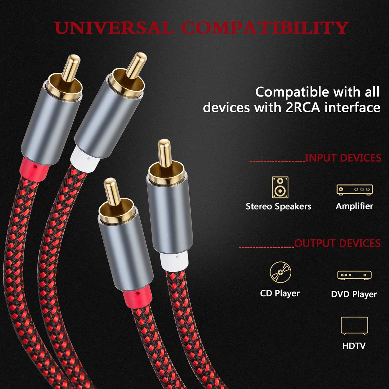 GESSEOR RCA Cable 6 Ft 2RCA to 2RCA Cable 2Rca Male to 2-RCA Male Audio Stereo Subwoofer Cable Nylon-Braided Auxiliary Audio Cord for Home Theater, HDTV, Amplifiers, Hi-Fi image number 6