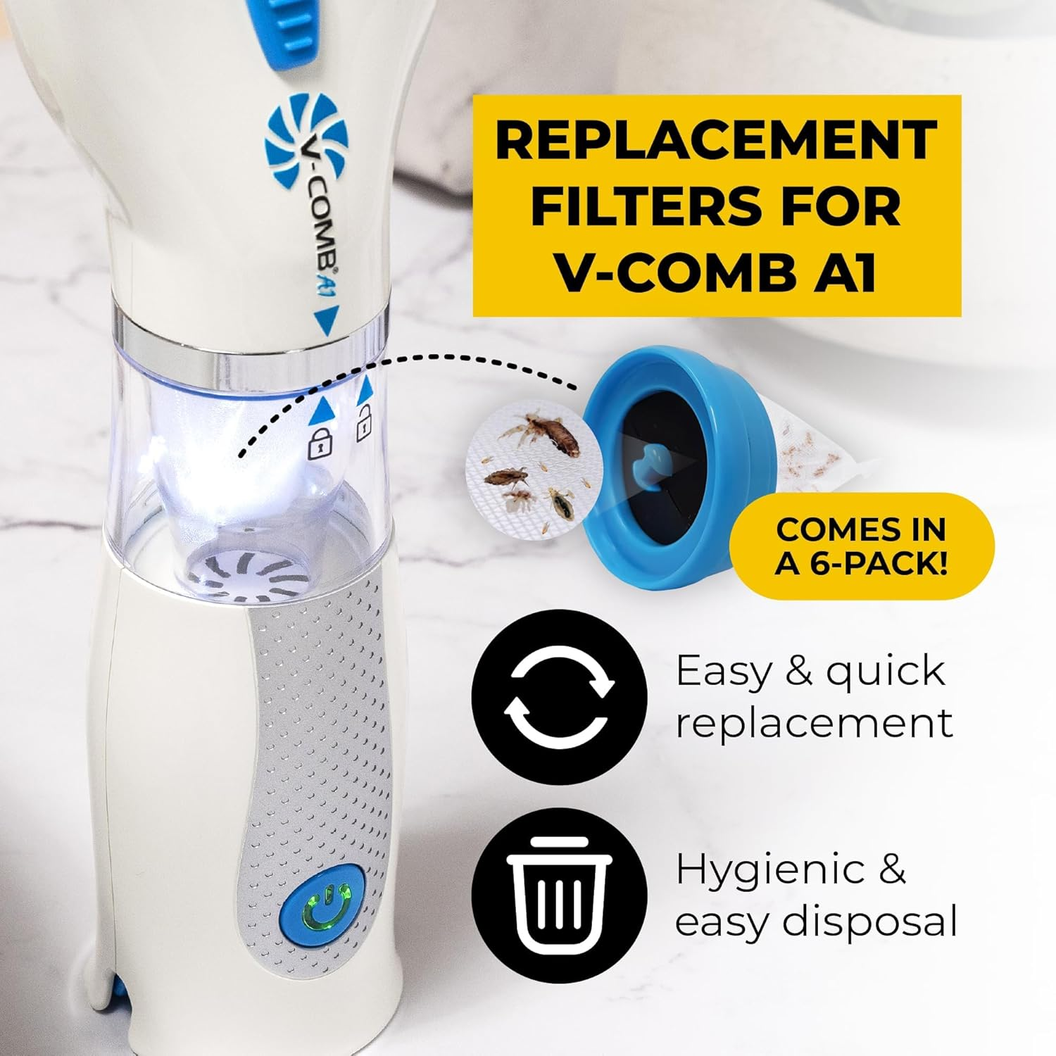 A1 Rechargeable Chemical-Free Lice Removal Electric Comb, Pack of Refill Filters, Natural Head Lice Solution for Children & Adults, Electric Lice Vacuum Comb, for All Hair Types, Gentle Lice Care