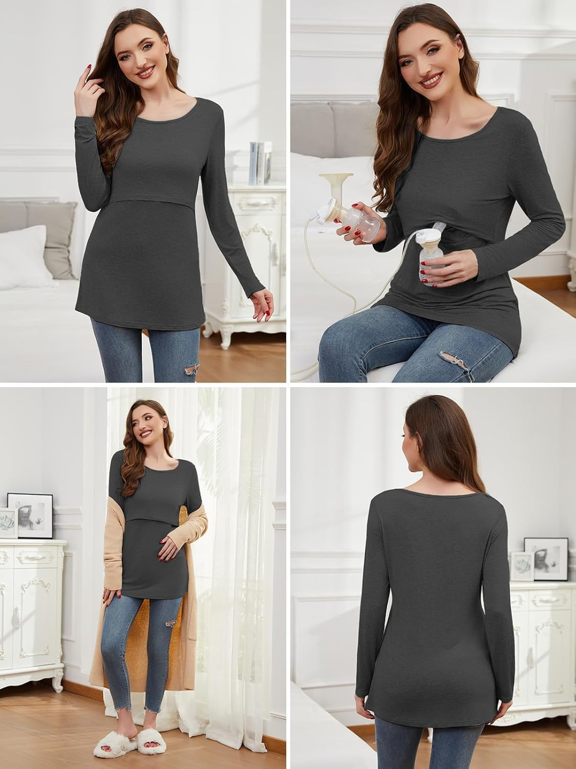 Liu & Qu 4-Pack Womens Nursing Tops Long Sleeve Breastfeeding Shirts Double Layer Fall Maternity Clothes image number 7