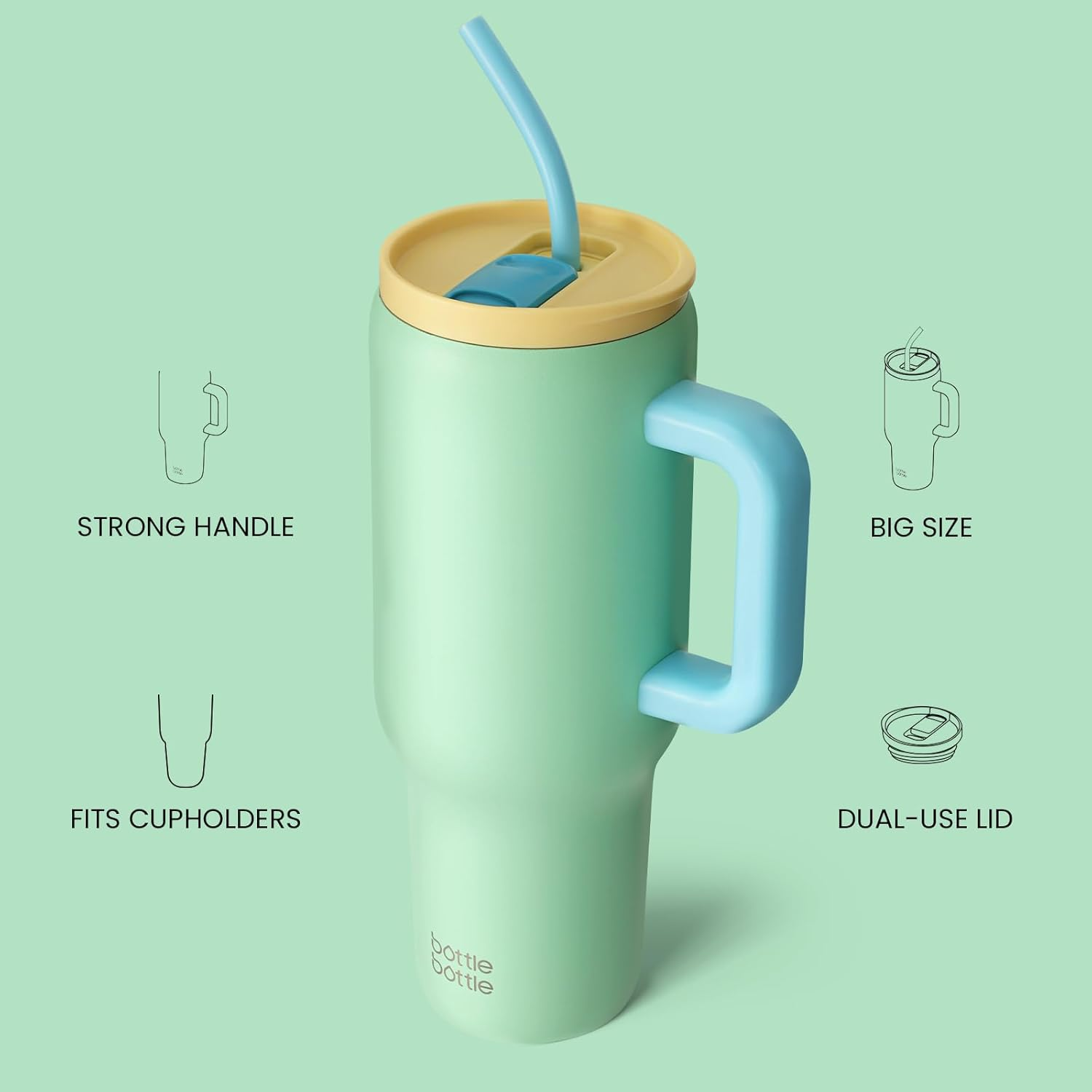 Bottle Bottle 40 Oz Drink Bottle Tumbler with Handle and Straw, Stainless Steel Vacuum Travel Mug, Car Cup with Straw, Stainless Steel Vacuum Water Bottle for Gifts Party Office Coffee (Mintgreen)