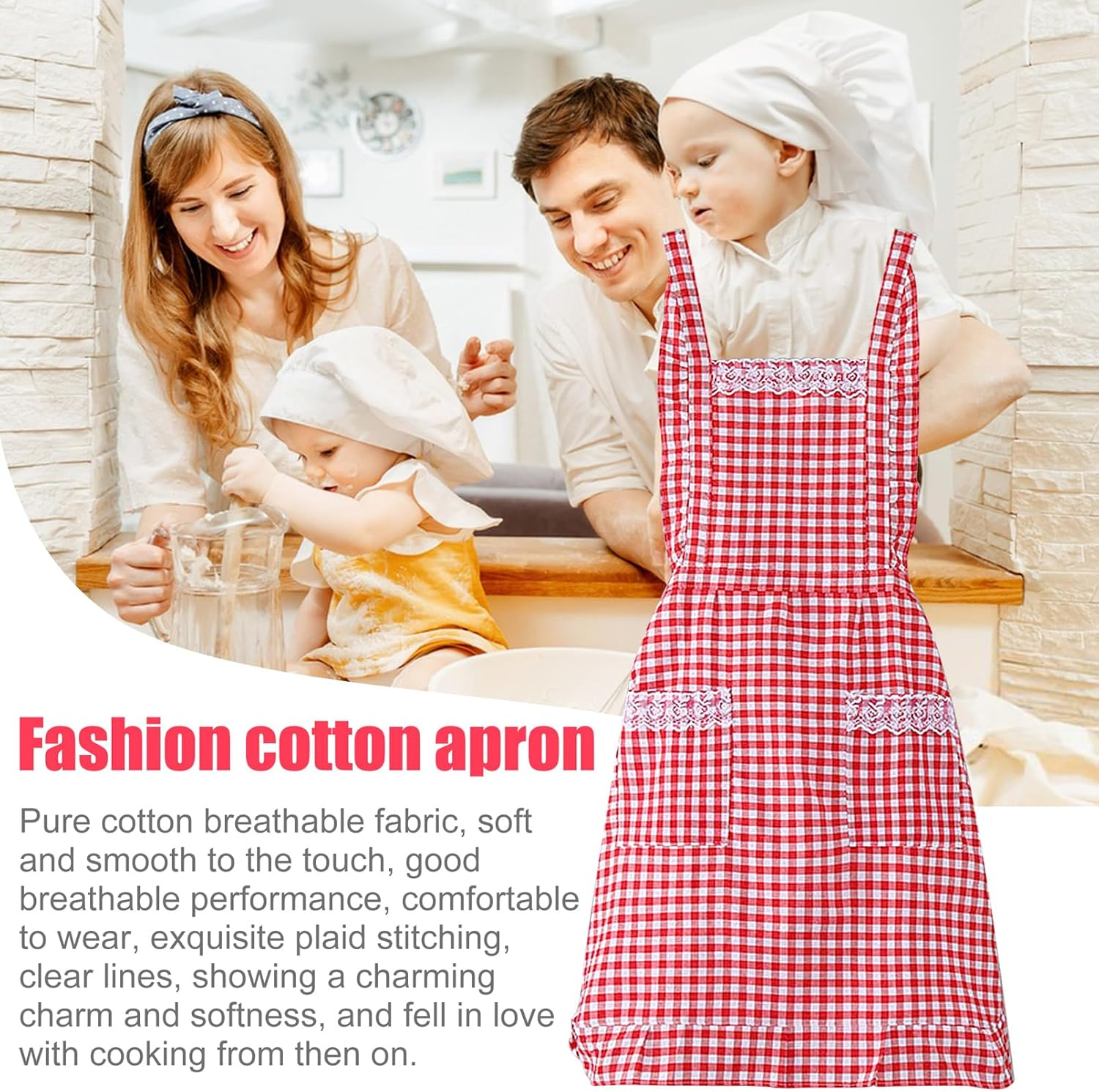 JJYHEHOT Women Classic Vintage Apron, Red and White Gingham Cotton Apron, Home Kitchen Chef Bib, Red image number 2