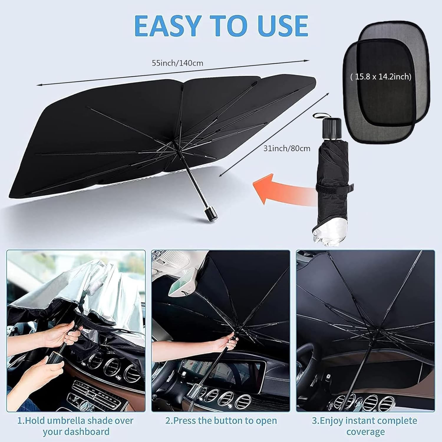Car Windshield Sunshade Umbrella,Foldable Front Window Sunshade, UV Protection Sun Shade Umbrella with 2 Side Window Suns,Windshield Cover 55"X31"For Most Car image number 4