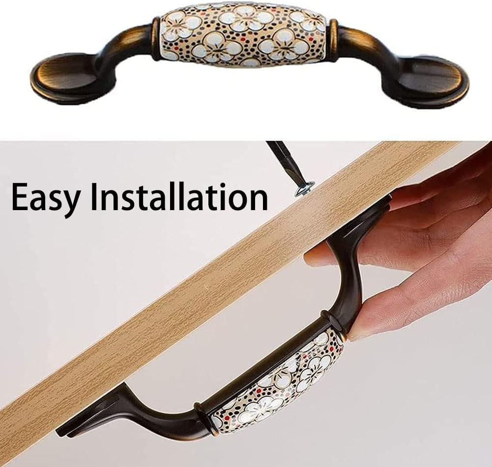 Vulevirtue Pack of 2 Vintage Floral Pattern Cabinet Handles, Floral Pattern Door Handles, Ceramic Cabinet Handles, Cupboard Drawer Push Handle with Screws, for Kitchen Drawer Cupboards Door (144 X 40