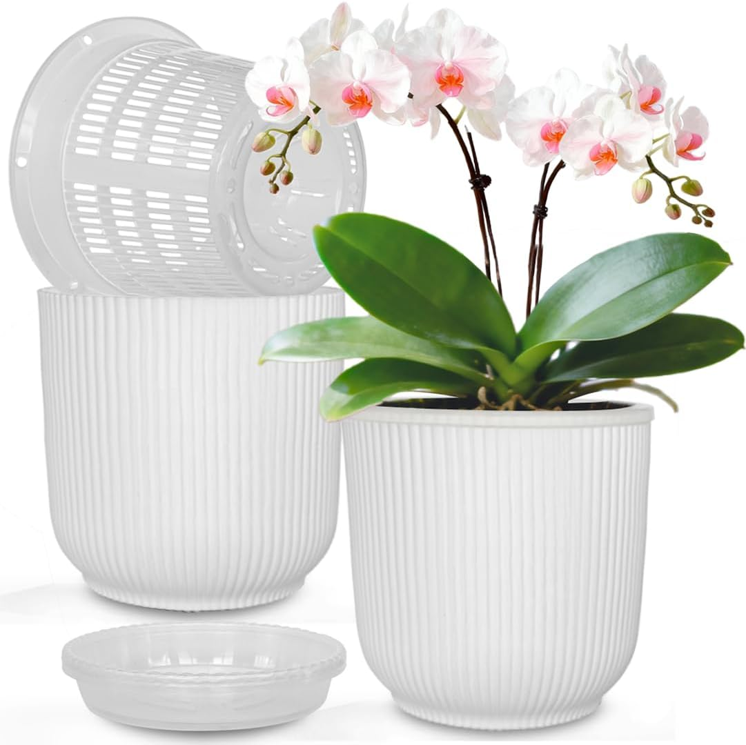 MUZHI Orchid Pot with Net and Holes, round Self Watering Planter Pot for Indoor Plants and Flowers 3 Sets White