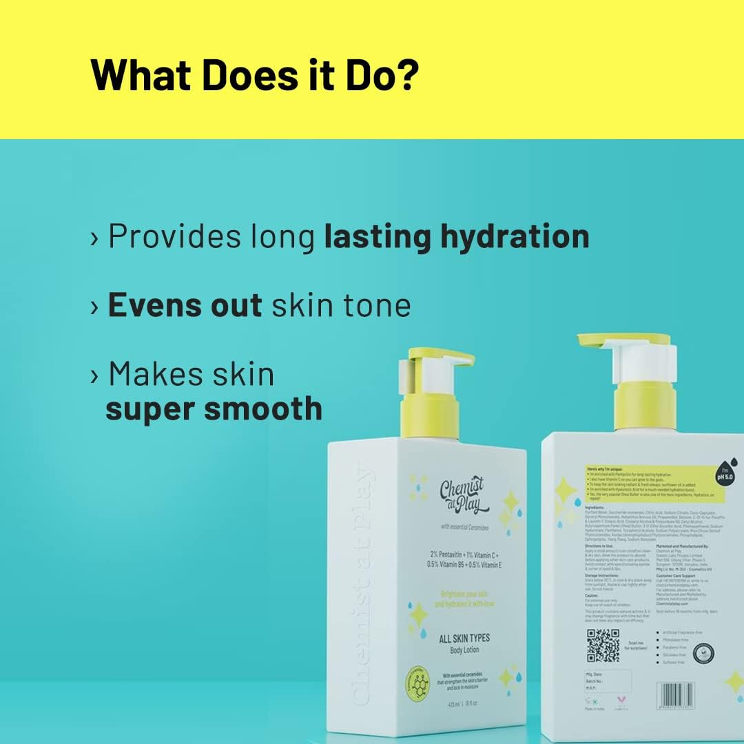 Chemist at Play Brightening Body Lotion with Ceramides for All Skin Types | 2% Pentavitin + 1% Vitamin C + 0.5% Vitamin B5 + 0.5% Vitamin E | for Bright, Moisturized and Glowing Skin | 473 Ml image number 4