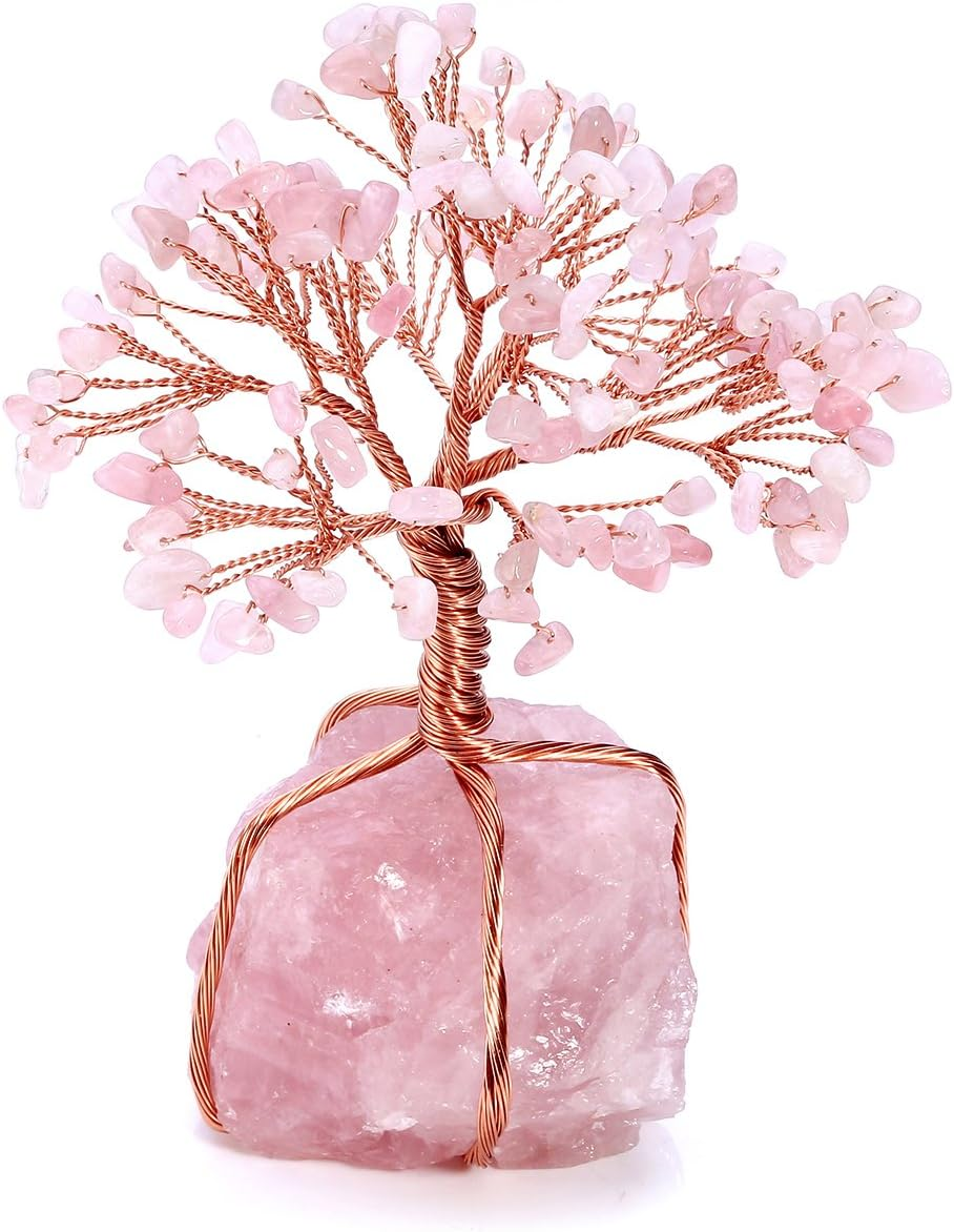(Rose Quartz) - Top Plaza Chakra Healing Crystals Copper Money Tree Wrapped on Natural Rose Quartz Base Feng Shui Luck Figurine