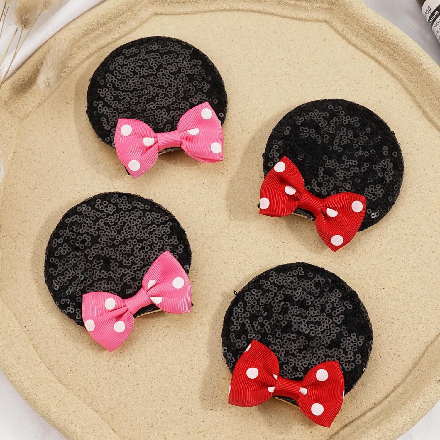 Ayesha Mickey Minnie Ears Hair Clips Mouse Ears for Toddler Girls Sequin Mouse Bows Barrettes Mice Ears Polka Dot Bows Mouse Hair Accessories for Baby Girls Toddler Kids Costume Party 4PCS image number 3