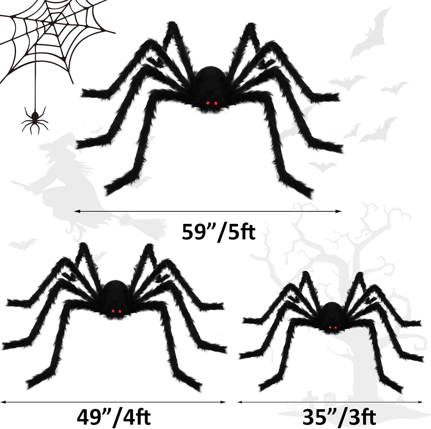 Halloween Giant Spider Decorations - 3 Pcs Realistic Scary Spiders Set Halloween Decorations outside - Fake Large Spiders Props for Indoor Outdoor Lawn Yard Party Creepy Decor (59", 49&rdquo;, 35&rdquo;) image number 6