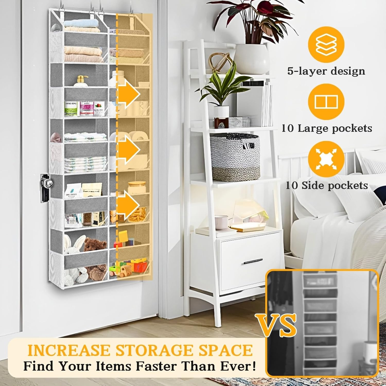 Over the Door Organizer, 5-Tier Extra Large behind Door Storage with 10 Big Front & 10 Mesh Pockets, 80Lb Capacity, Hanging Storage Organizer with Clear Window Kids Toys, Shoes, Diapers, Light Grey - 2Pack Beige image number 2